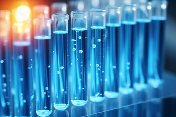 Wall Mural - Row of blue test tubes with yellow light shining on them