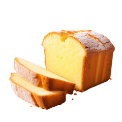  freshly baked pound cake with two slices cut, showcasing a golden-brown crust and soft, fluffy interior