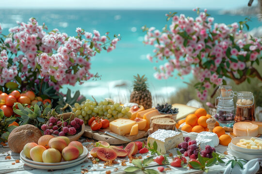 A serene beachside picnic with a spread of fresh fruits and artisanal cheeses, epitomizing the concept of coastal leisure and culinary indulgence. Generative Ai.