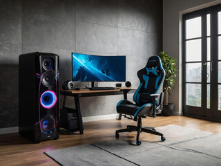 Modern game room with a computer desktop and a monitor - a programmer's workplace