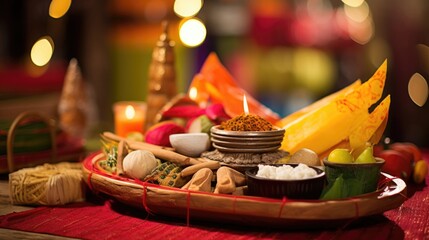 Wall Mural - Closeup View of Worship Plate Including Food and indian Traditional Festival Items.