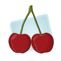 Two Ripe Cherries on Blue Background. Vector Illustration.