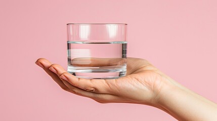 Hand holding water glass on pastel background with space for text placement on the side view