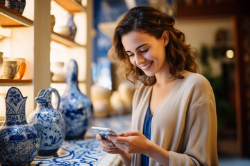 Poster - Woman is smiling while looking at her cell phone