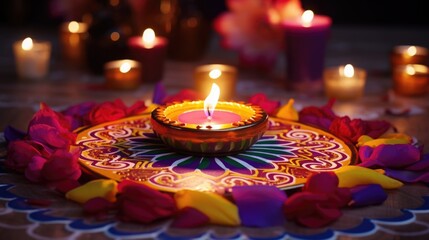 Wall Mural - Beautiful Rangoli Decorated with Illuminated Tealight Candle, Oil Lamp (Diya) and Flowers on Floor on the Occasion of indian Festival.