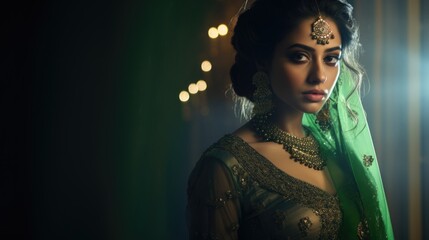 Elegant Indian Woman Adorned with Traditional Gold Jewelry in Green Dress, Fictional Character Created By Generated AI