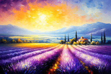 Wall Mural - Purple Field of Lavender at Sunset in Provence, Brush Strokes Acrylic Painting. Canvas Texture.