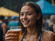 © руслан малыш - Young woman with a glass of beer, beautiful with a sincere smile in a swimsuit, wet in the rain, at a beer festival party