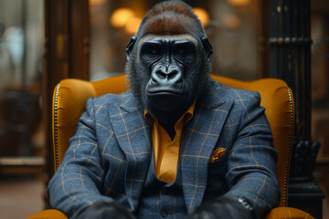 Wall Mural - An anthropomorphic figure in business attire with a gorilla's head, symbolizing leadership through strength and influence. Concept of dominant leadership. Generative Ai.