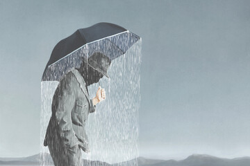 Illustration of business man with bad thoughts, paradox surreal depression concept