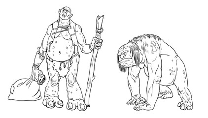 Fantasy trolls drawing. Giant cannibal troll coloring template.	