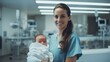 © shelbys - Nursing Assistant Holds Newborn Baby in Hospital. Fictional character created by Generated AI.