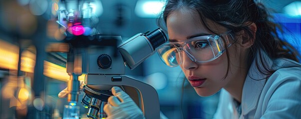 Wall Mural - A woman scientist is studying a sample under a microscope.