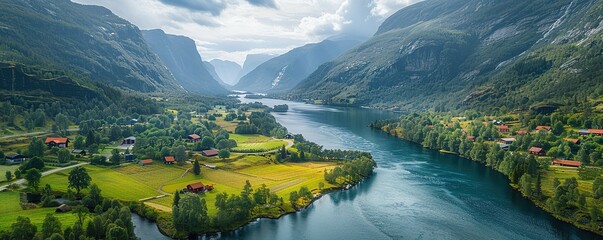 Wall Mural - Aerial view of Hella with stunning highland landscape and flowing river