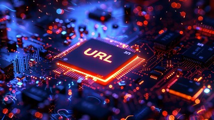 Wall Mural - A close-up view with the acronym URL displayed on a microchip, representing the concept of Uniform Resource Locator.
