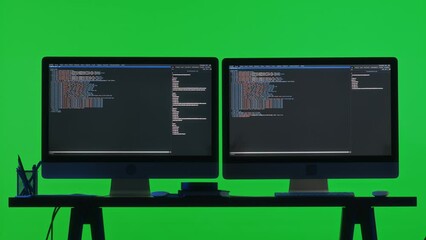 No people shot of two computer monitors with programming code running on them in studio with green chroma key background