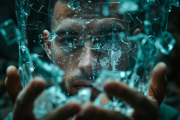 Poster - A man holding a clock with shattered glass, representing the fragmented sense of time in the context of mental health. Concept of distorted time perception. Generative Ai.