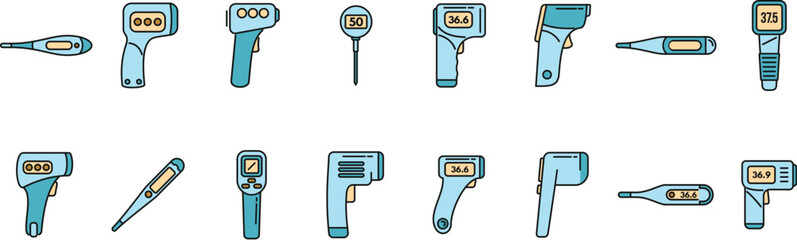 Sticker - Digital thermometer icons set outline vector. Digital medical. Electronic care thin line color flat isolated