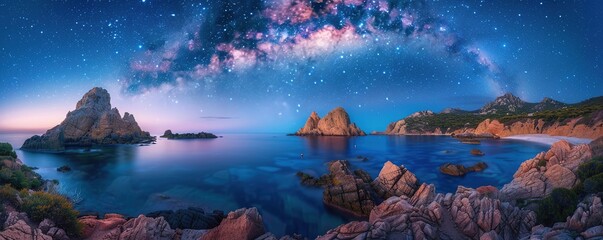 Wall Mural - picturesque landscape of mountain ridge near wavy sea under starry sky at night