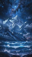 Wall Mural - picturesque landscape of mountain ridge near wavy sea under starry sky at night