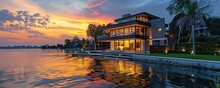 Sunset At Luxury Waterfront Modern Home