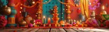 Fototapeta  - Aesthetic arrangement of illuminated candles and decorations object placed on wooden table. Indian-Style.