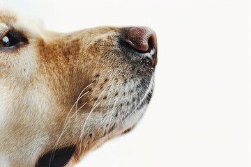 extreme close up detail shot of dog nose and mouth sniffing on a solid white background