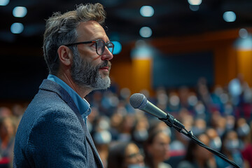 Sticker - A confident leader addressing the team during a town hall meeting, promoting transparency and open communication in the organization. Concept of leadership. Generative Ai.