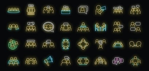 Poster - Discussion icons set outline vector. Talking person. Business chat neon color isolated