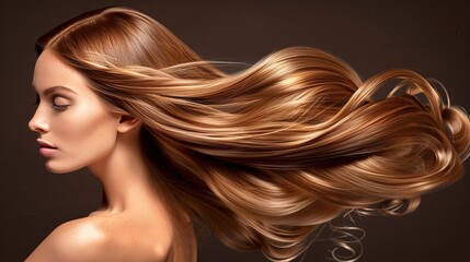 Wall Mural - Stylish brunette woman with flowing long shiny hair on dark background, beauty and hair care concept