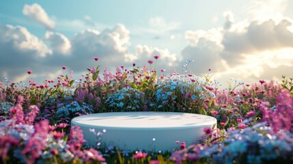 white podium or platform on background of beautiful wildflowers and clouds, for cosmetic product presentation concept