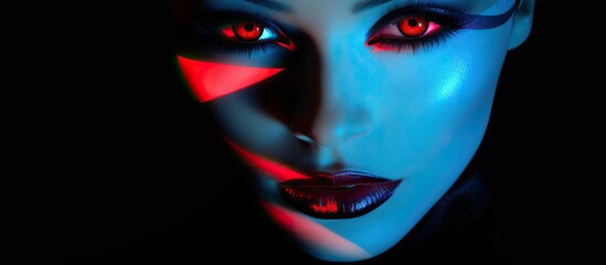 Sticker - A closeup of a womans face with electric blue skin, red lips, and mascaraclad eyelashes, portraying a haunting beauty in the darkness of flash photography