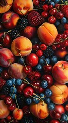 Wall Mural - Close up of mixed summer fruit: berries, peaches, cherries.