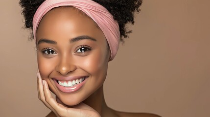 Wall Mural - Young african american woman with pink headband and flawless skin on beige pink pastel background