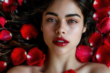 Elegant woman with Red Rose Petals