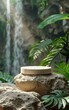 beige round eco podium on the background of rainforest with waterfall, for presentation of cosmetic products, vertical