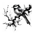 Black and white Drawing of Abstract Bird sitting on the branch . Black Ink And Watercolor,  Chinese Ink Art Style