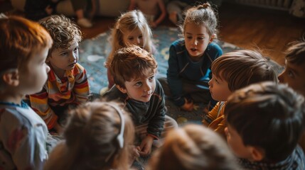 A group of children are sitting in a circle, some of them wearing hats