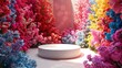 white empty podium or platform on colorful flowers background, for cosmetic product presentations, copy space, eco scene