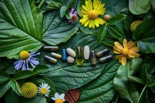 Assorted natural herbal and vitamin supplements carefully placed on vibrant green leaves, surrounded by wildflowers
