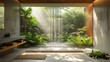 A minimalist shower area surrounded by vibrant green plants and natural light, promoting eco-living.