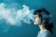 a girl stands thoughtfully and a cloud of thoughts flies out of her head, solid blue background