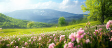 Beautiful Spring Nature Landscape With Blooming Trees. Meadow, Green Hills, Glade With Flowers On Sunny Day.  Mountains View. Springtime. Generative Ai 