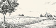 © Hunman - Rural landscape with a farm in engraving style. Hand drawn Illustration.