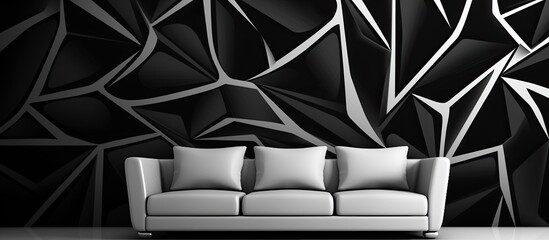 Sticker - A white rectangular couch is placed against a black and white wall, creating a stylish contrast of tints and shades. The furniture is accented by a grey line font and complemented by wood flooring