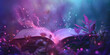 Open magical book with glowing lights over pages beautiful collard small trees with leaves on glowing purple abstract background.