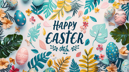 Wall Mural - happy easter rabbit or bunny and easter egg , greeting card,  with Happy Easter font or text greetings 
