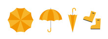 Yellow Umbrella And Rain Boots Object Illustration Set. A Set Of Fashion Accessories Needed When It Rains During The Summer Rainy Season.