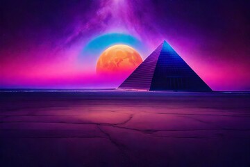 Wall Mural - vintage purplre retrowave pyramid glowing  on desertic planet