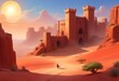 Brick castle in the middle of the desert and blue sky on the horizon